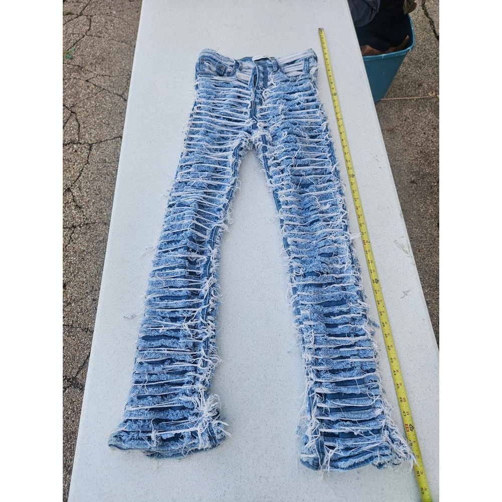 Fashion Nova Distressed Shredded Jeans Blue Light Wash Flare Size 13 Juniors